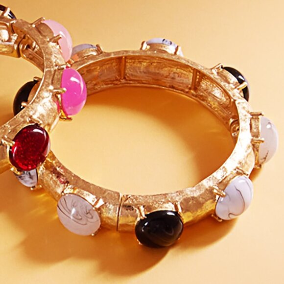 Byzantine Inspired Stone Gold Dipped Stretch Cuff Bangle Bracelets SET of 2 - Picture 9 of 11